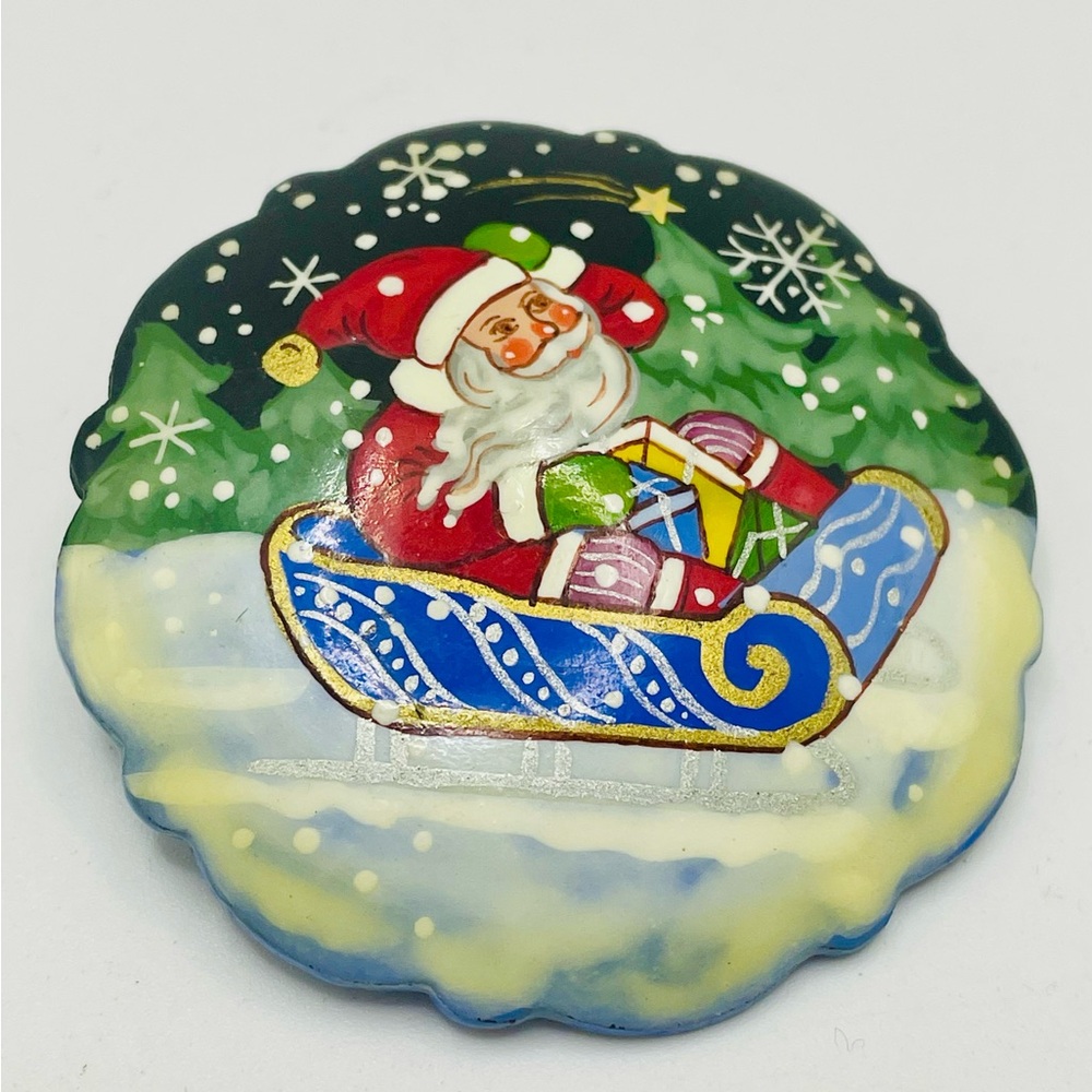Russian Hand Painted Lacquer Wooden Santa in a Sleigh Brooch Pin. Festive